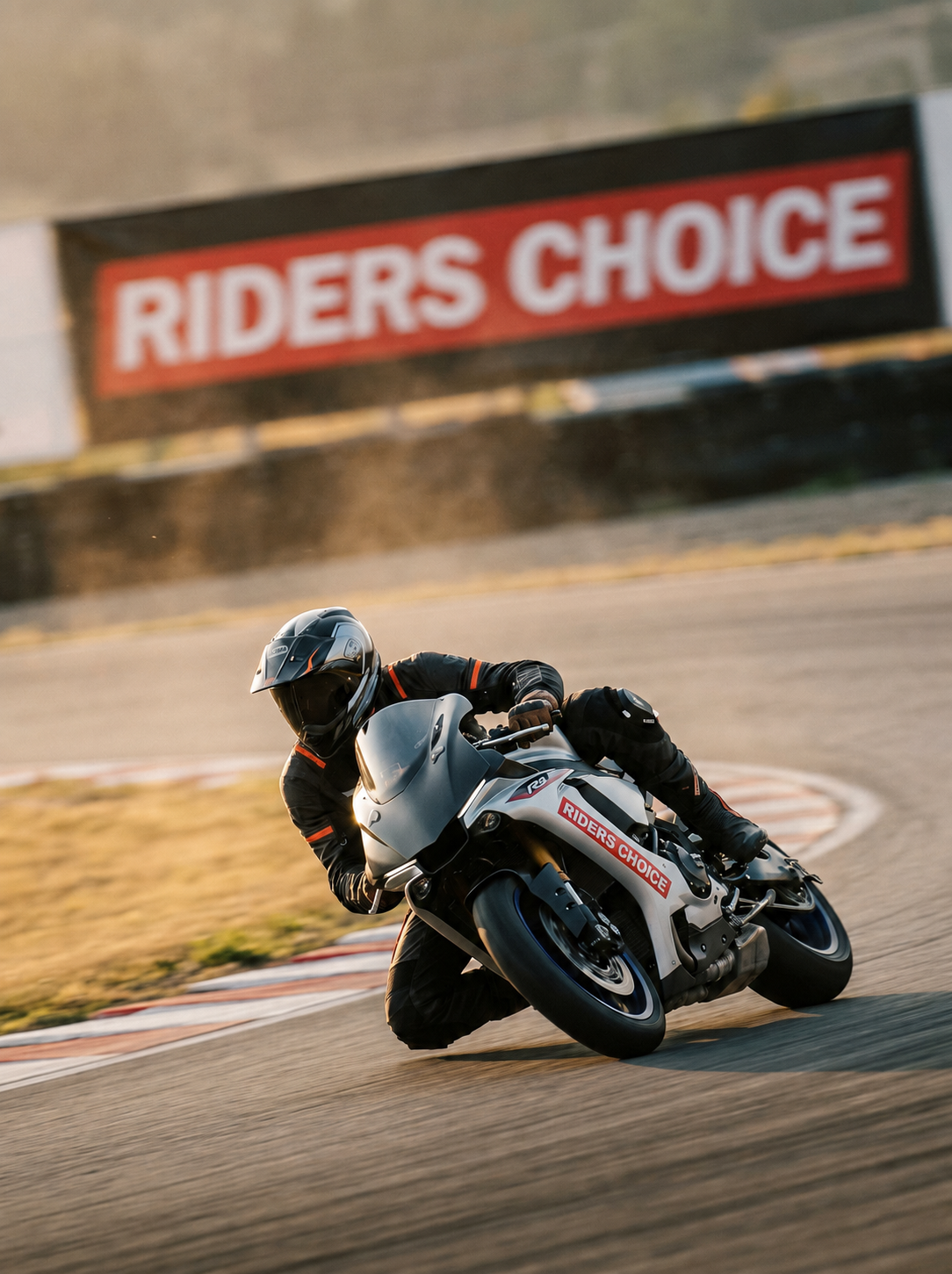 Riders Choice rider leaning into a corner on track